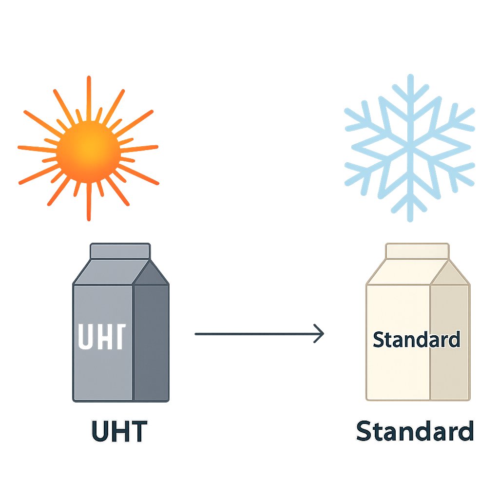 a diagram comparing uht processing for shelf stable milk and standard processing for refrigerated milk