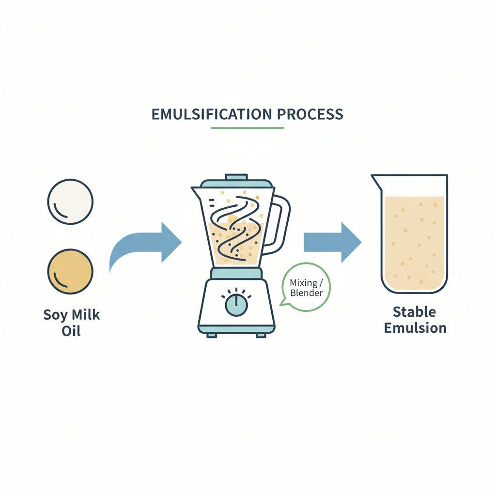 a diagram explaining how oil and soy milk create an emulsion for whipping