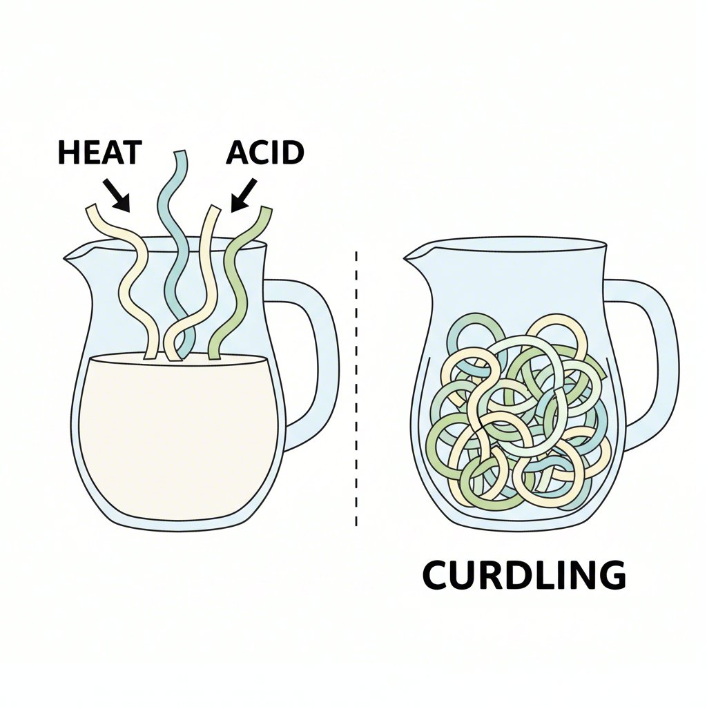 a diagram illustrating how heat and acid cause soy milk proteins to curdle