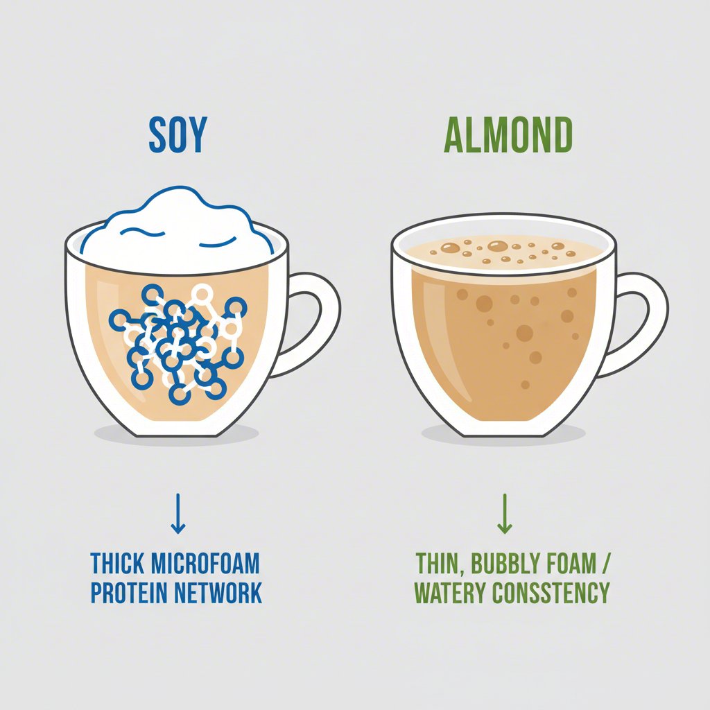 a diagram illustrating the difference in frothing ability between high protein soy milk and almond milk