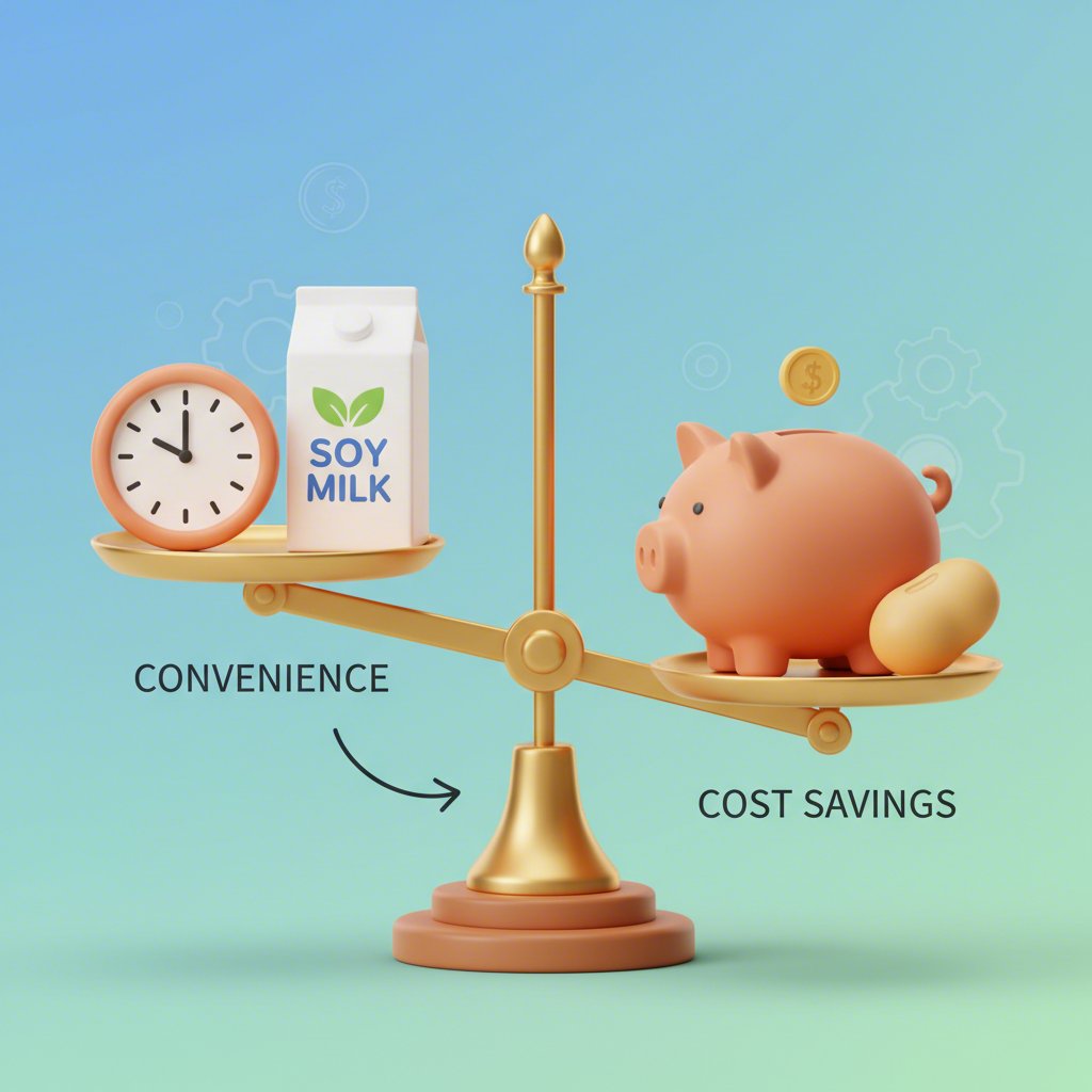 a scale balancing the convenience of store bought soy milk against the cost savings of homemade
