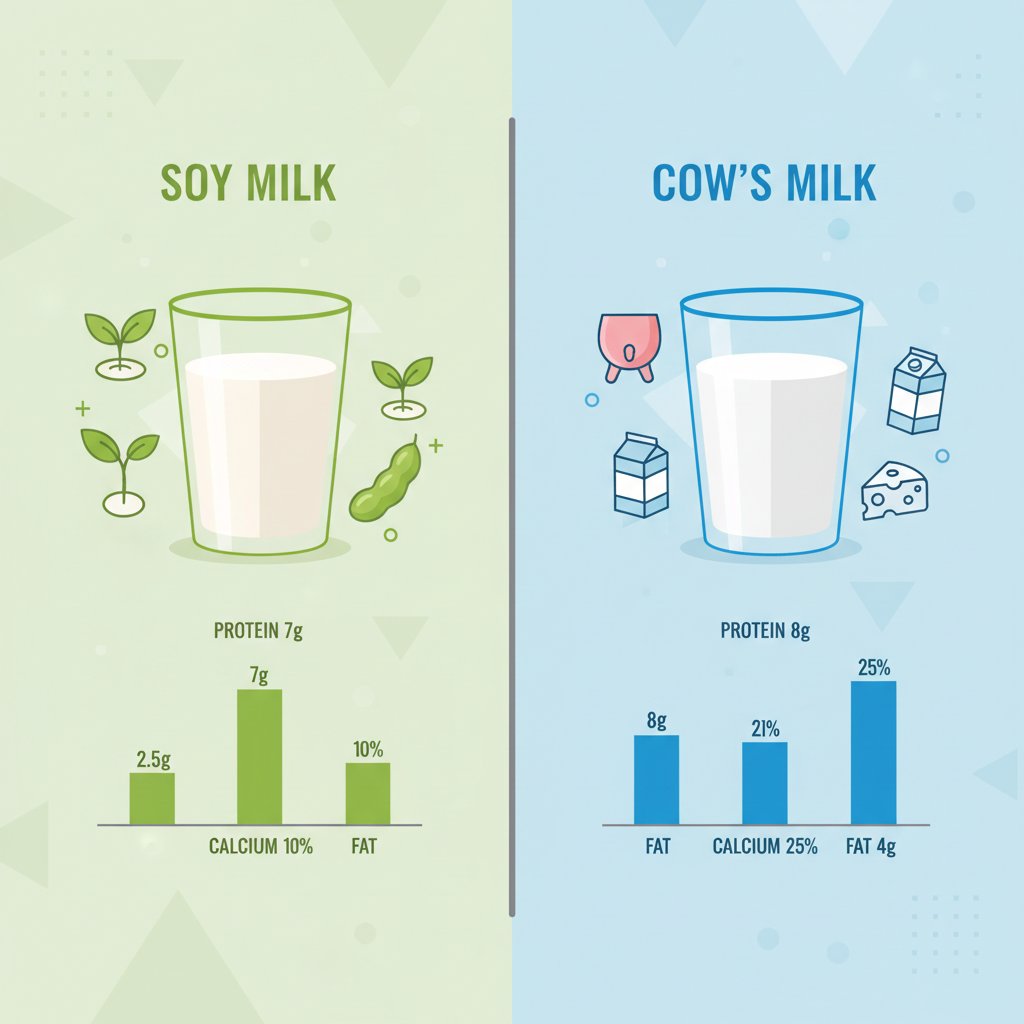 a side by side nutritional comparison of fortified soy milk and cows milk in a diagram