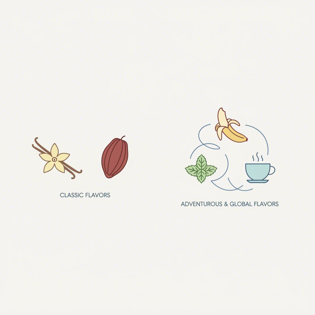 a simple diagram contrasting classic soy milk ingredients with adventurous flavor concepts