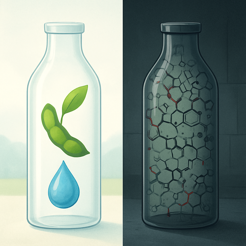 a visual comparison between simple natural soy milk and one with many additives