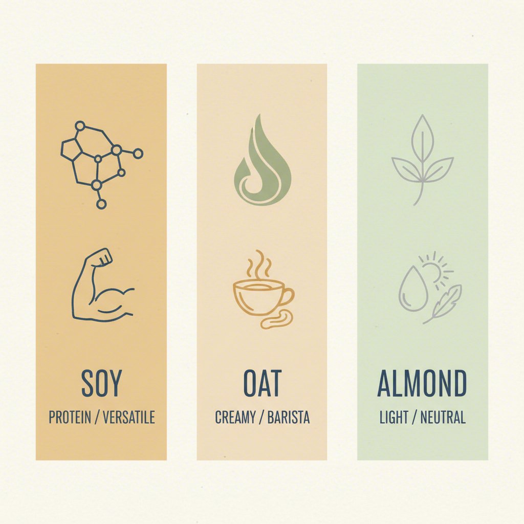 a visual comparison of the key attributes of soy oat and almond milk