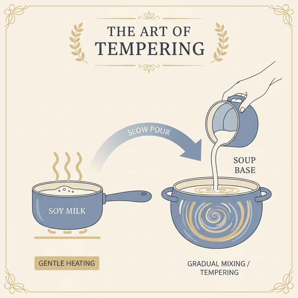 a visual guide explaining how to temper soy milk to prevent curdling
