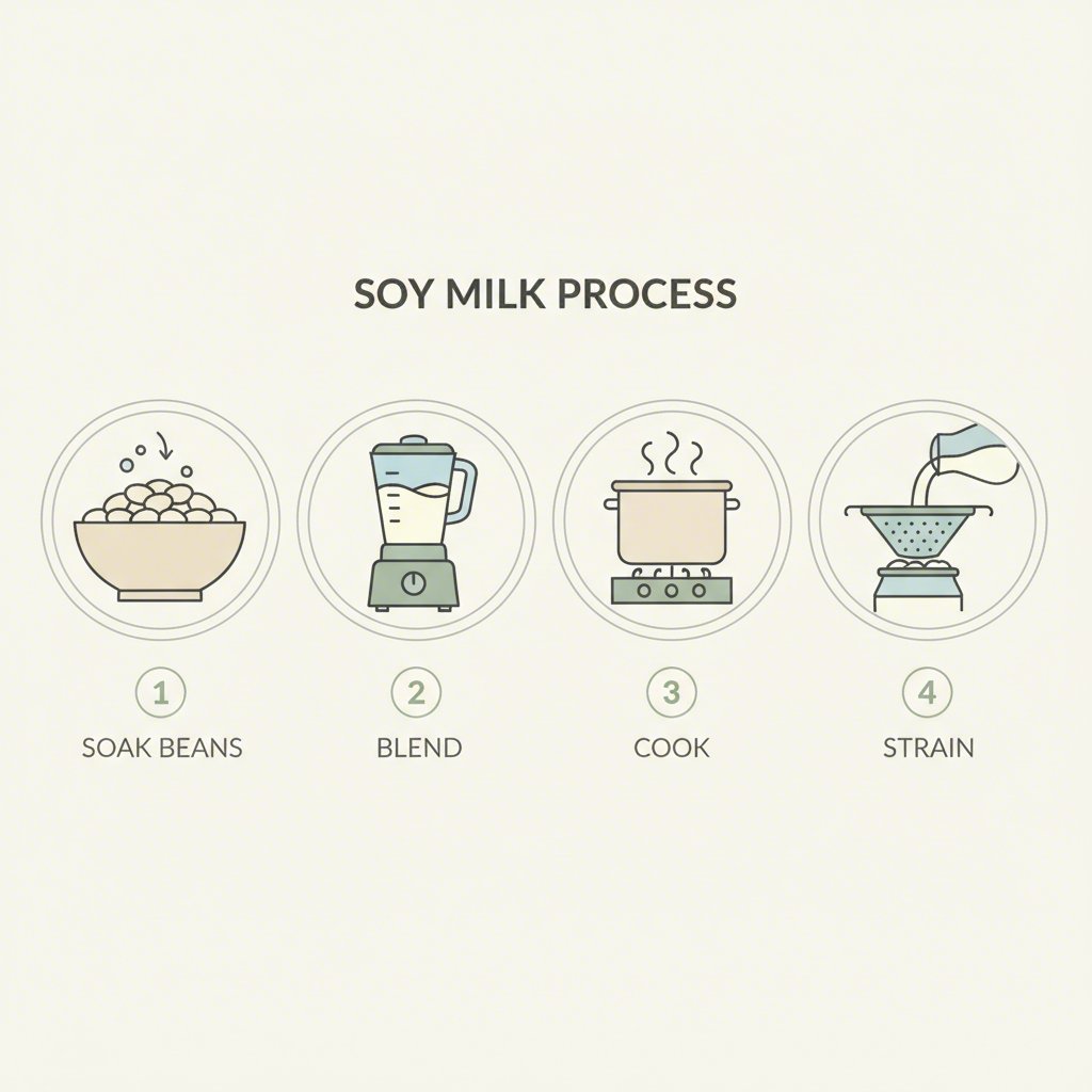 a visual guide to the four key steps of making soy milk from scratch