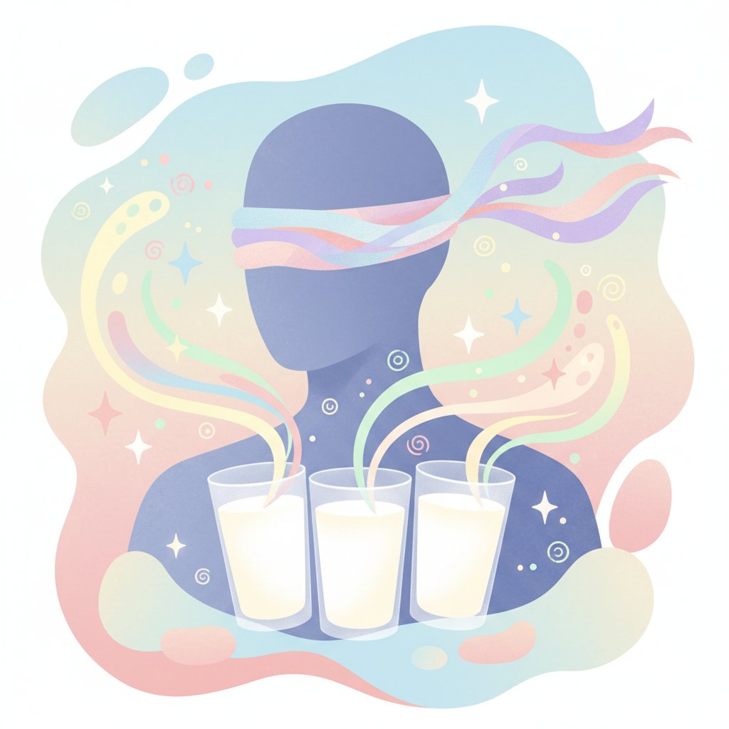 a visual metaphor for the blind taste test methodology used to rank soy milks