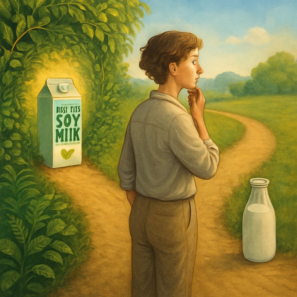 an abstract depiction of making a dietary choice between fortified soy milk and other options