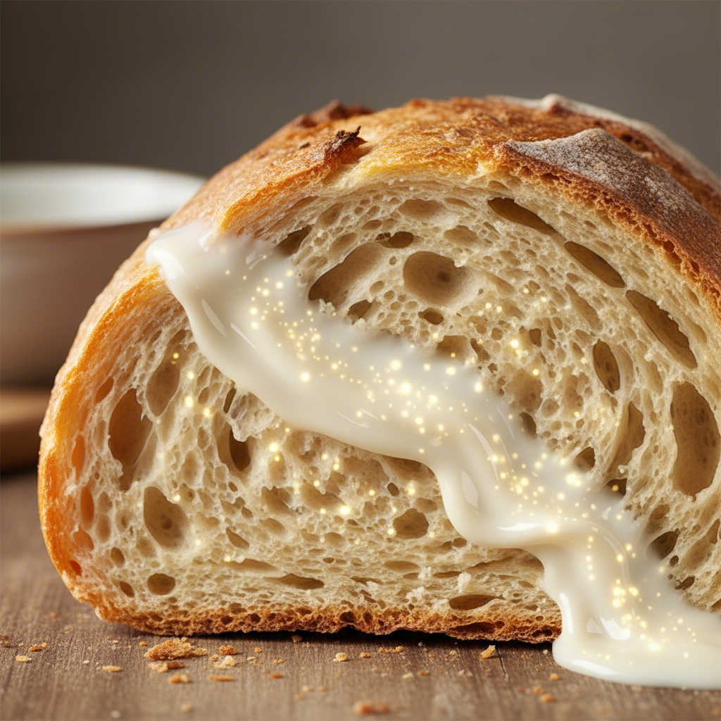 an abstract representation of oat milk adding moisture to a baked good