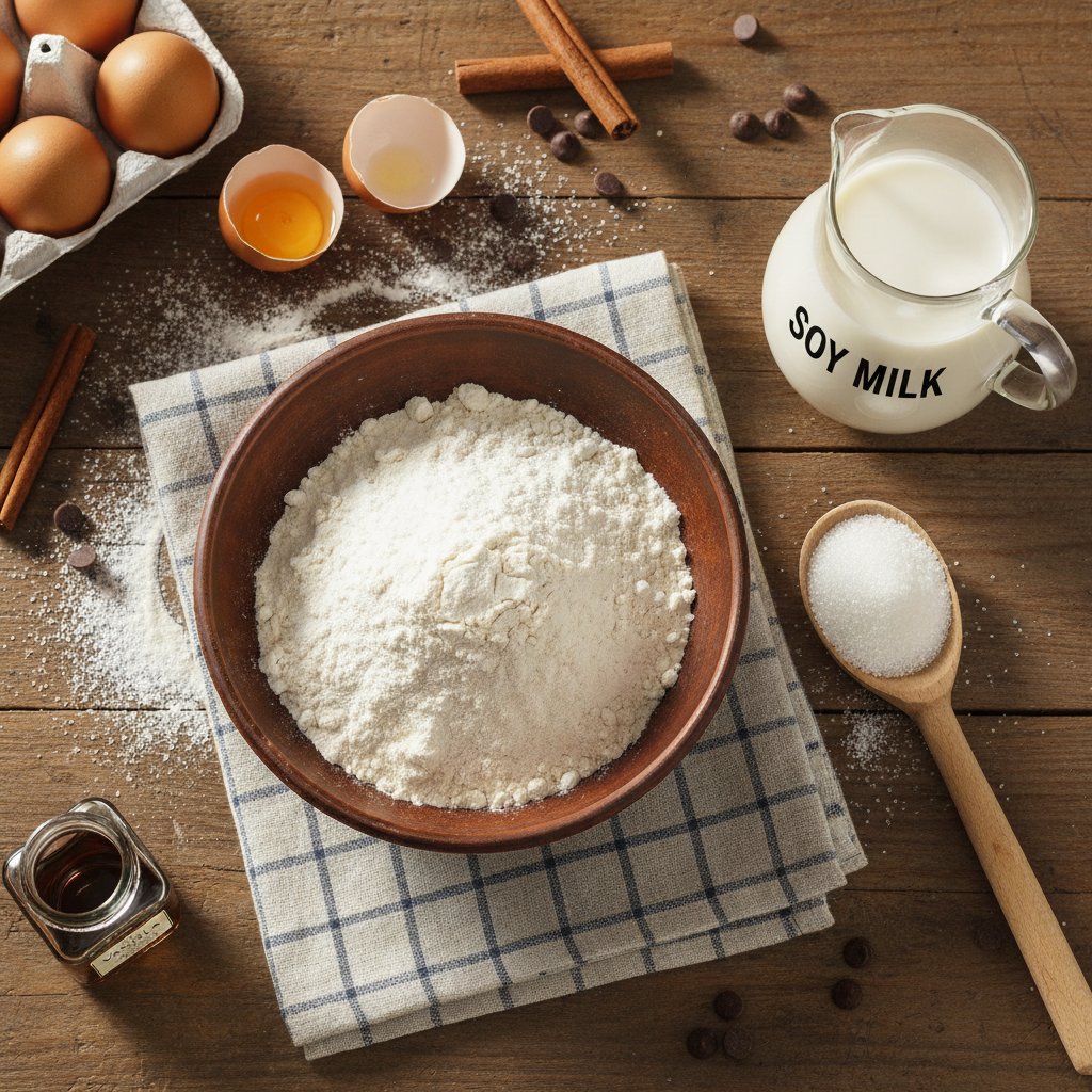 an artistic arrangement of baking ingredients featuring soy milk for sweet recipes