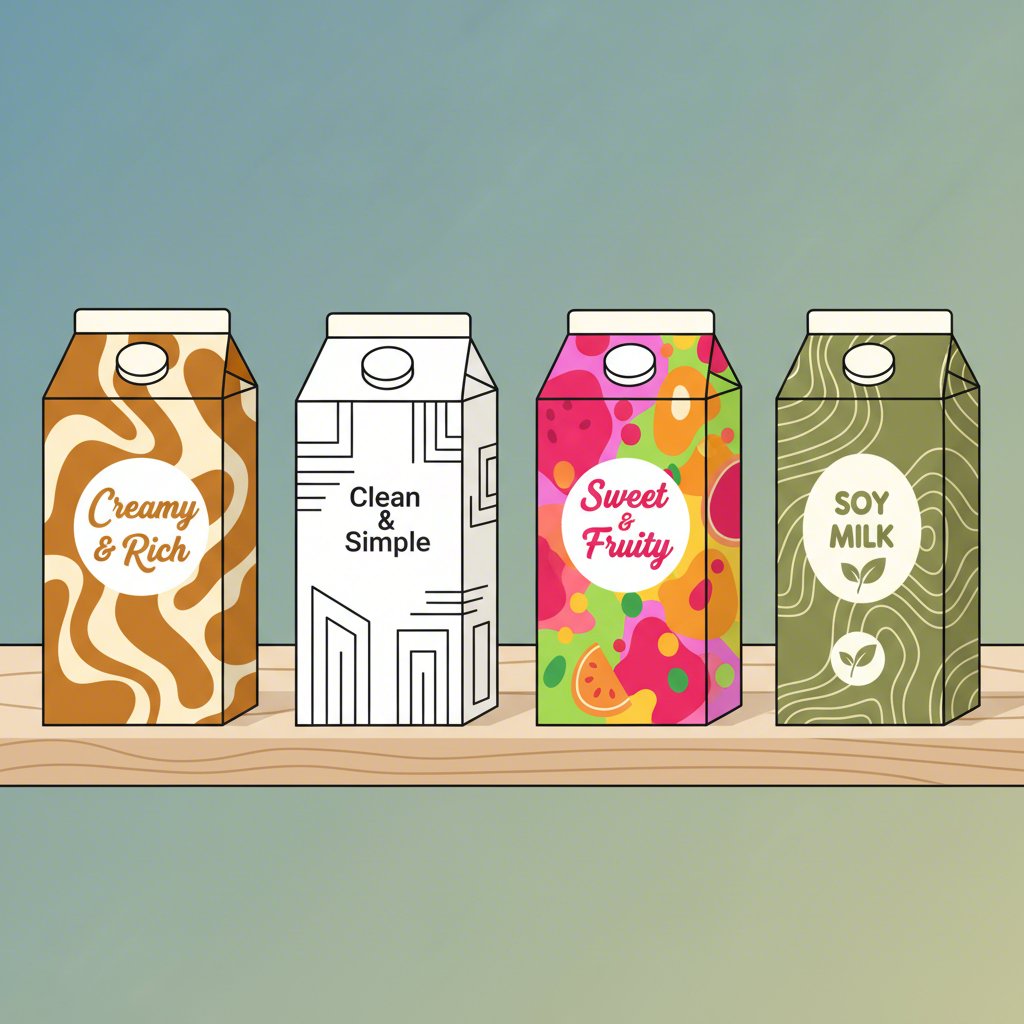 an artistic comparison of different soy milk brand concepts and characteristics