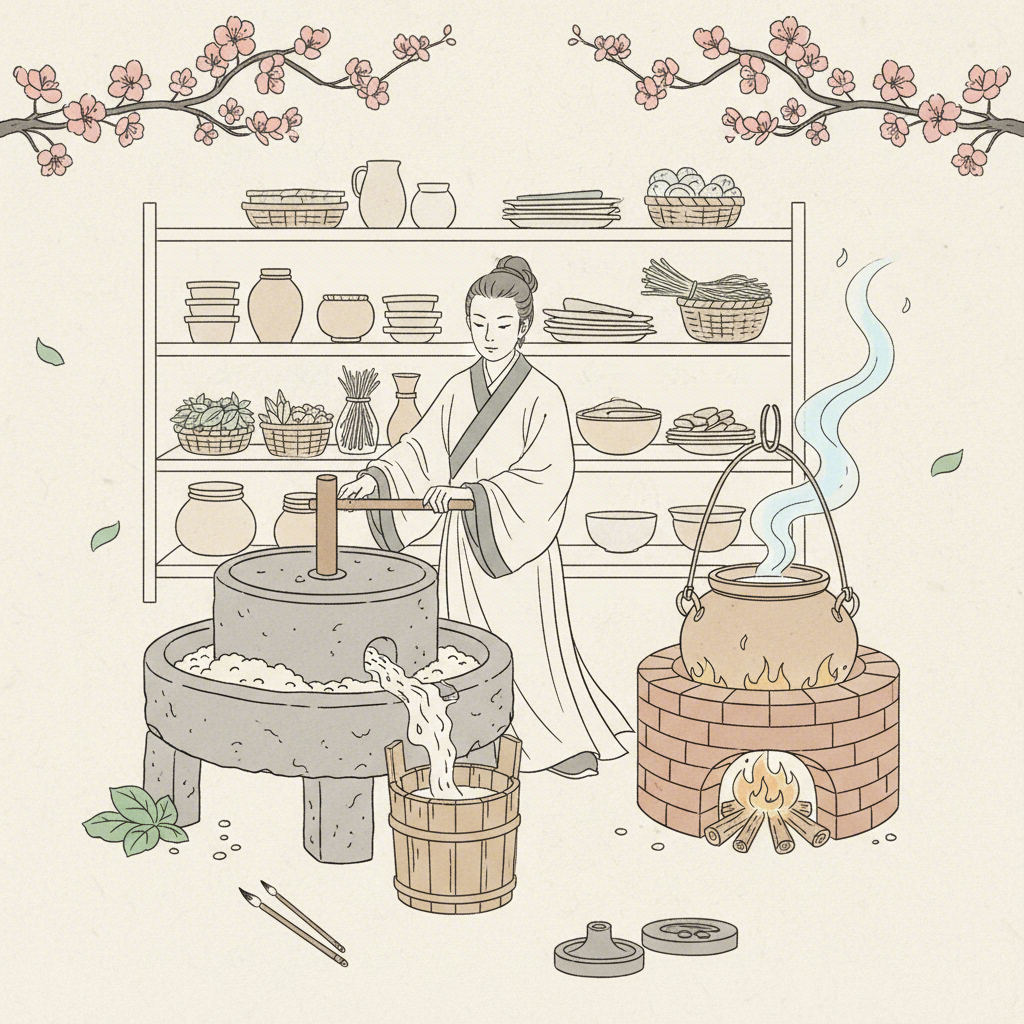 an artistic rendering of the ancient chinese method for preparing traditional soy milk
