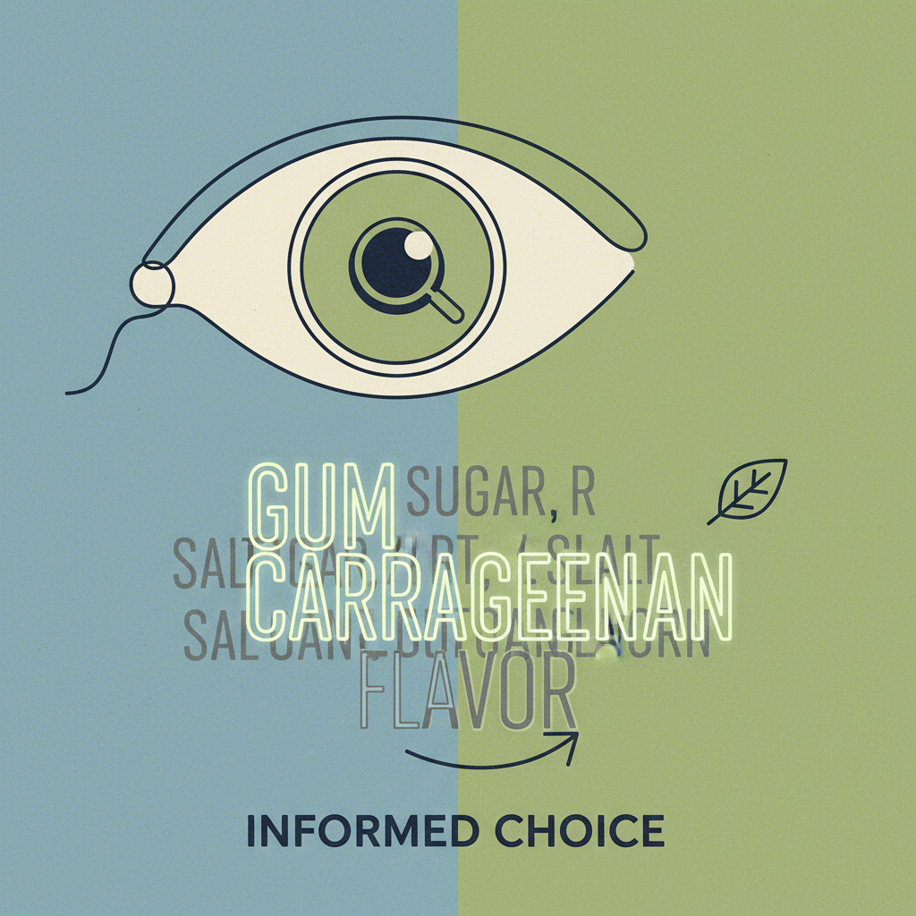 an artistic representation of a shopper reading a soy milk ingredient label to identify additives