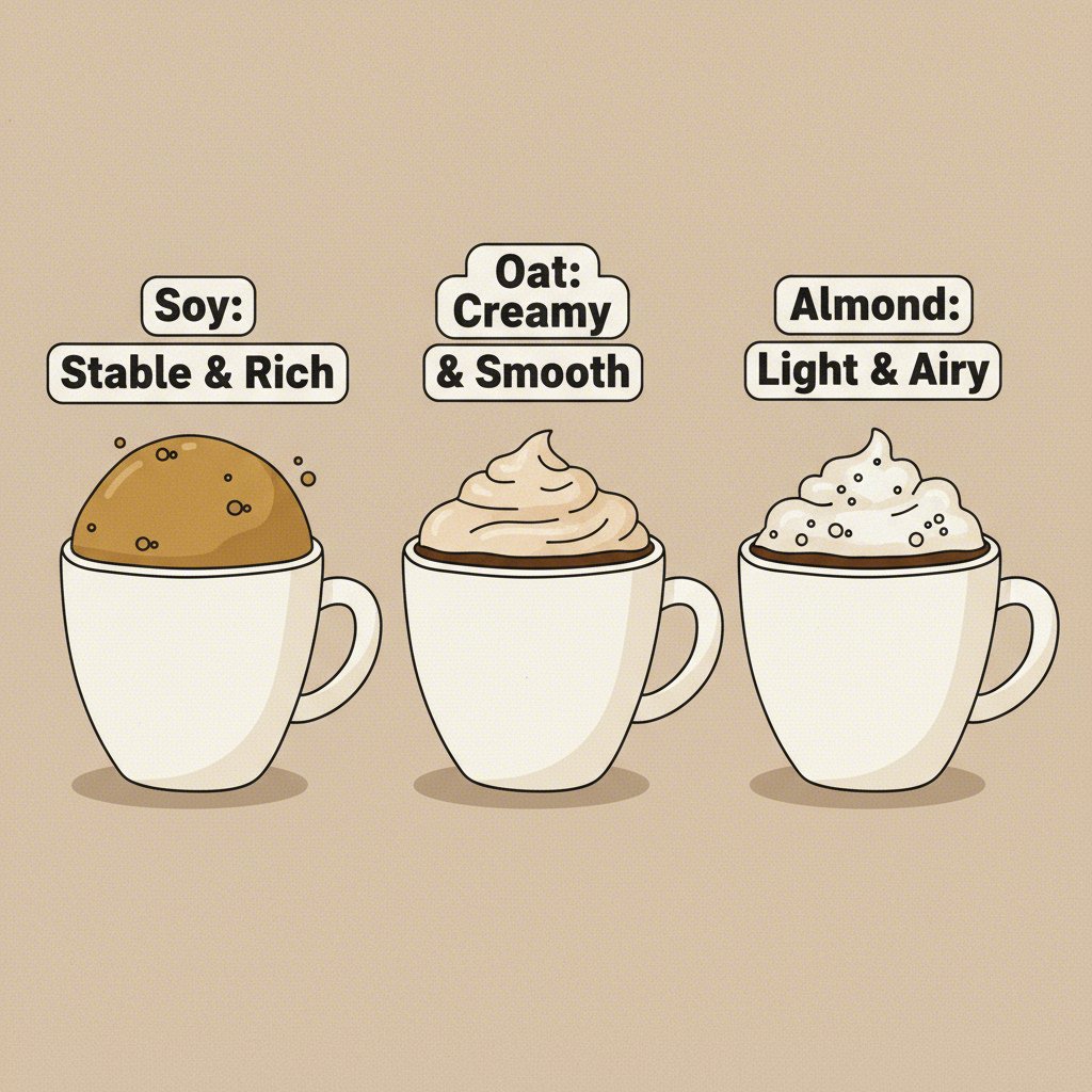 an illustration comparing the foam quality of soy oat and almond milk