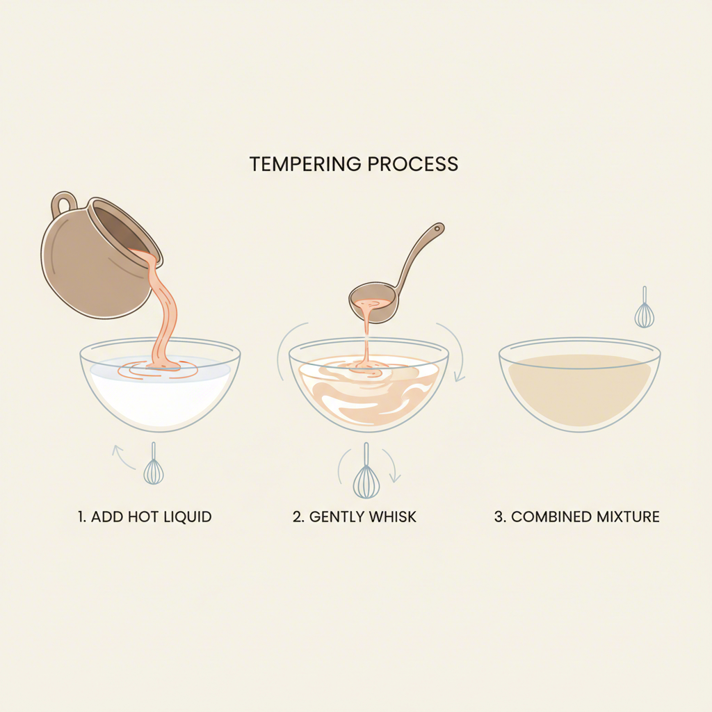 an illustration demonstrating how to temper soy milk for cooking