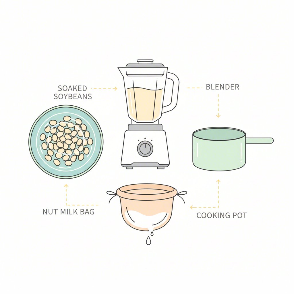 an illustration of the essential kitchen equipment needed to make soy milk from scratch