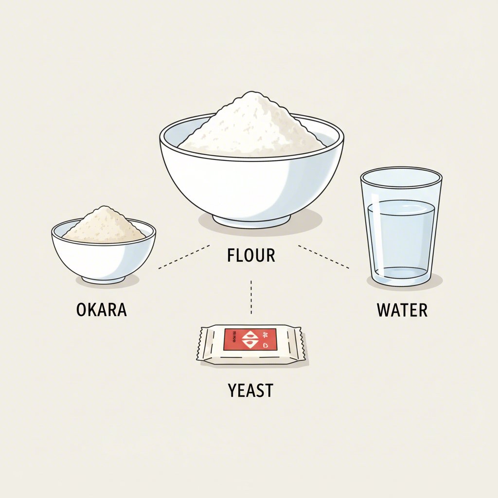 an illustration of the key ingredients for baking okara bread