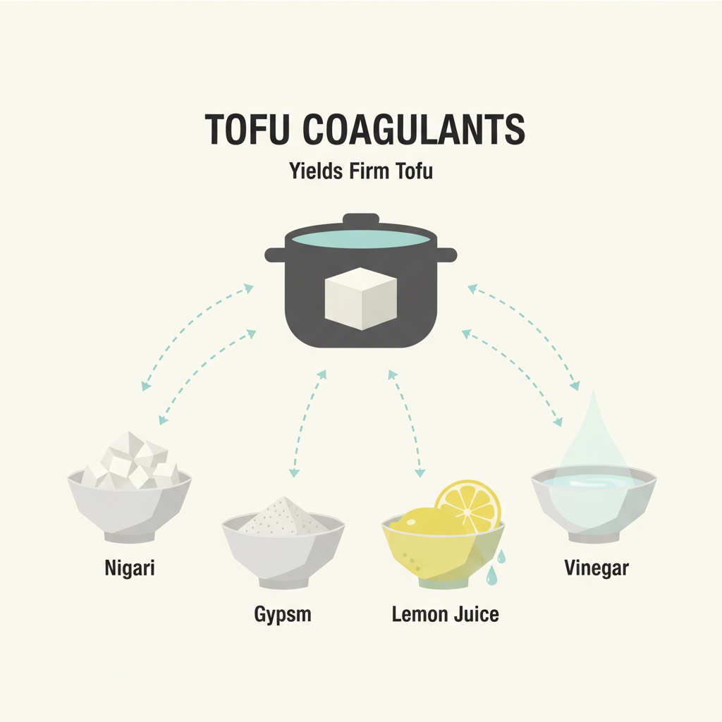 an illustration of various tofu coagulants including nigari gypsum and lemon