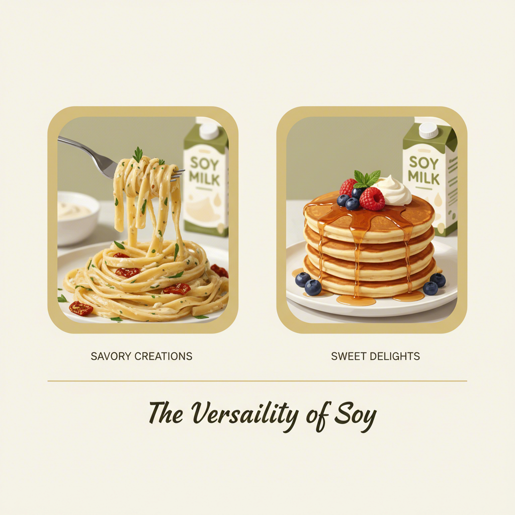an illustration showing both savory pasta and sweet pancakes made with soy milk
