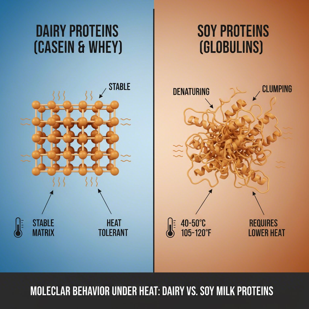 an infographic explaining the science of steaming soy milk versus dairy