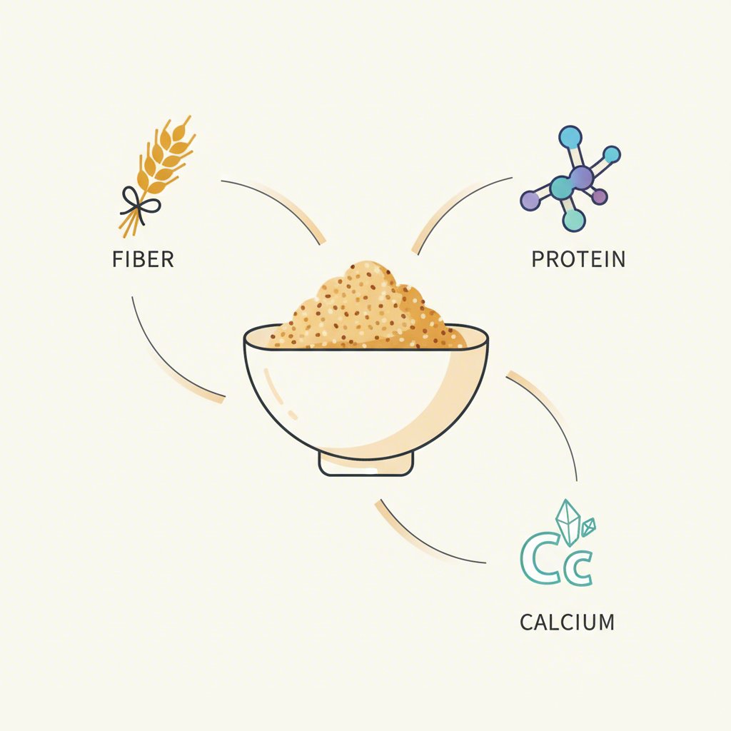 an infographic highlighting the key nutritional benefits of okara fiber protein and calcium