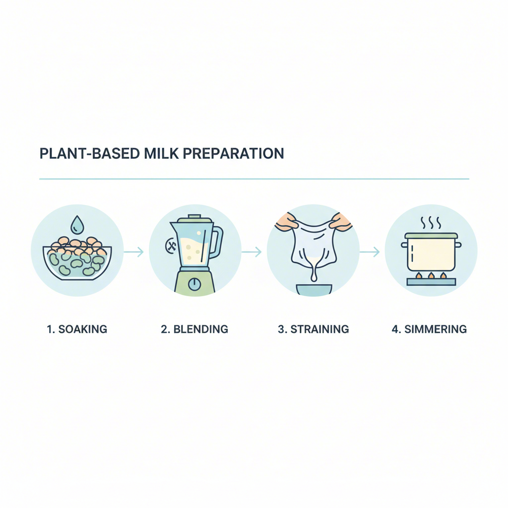 an infographic illustrating the four key steps of making homemade soy milk