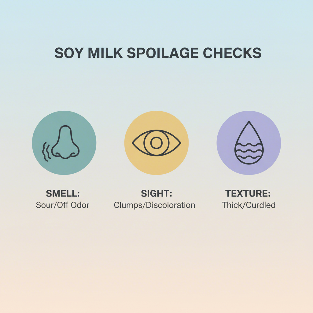 an infographic showing icons for smell sight and texture to check soy milk freshness