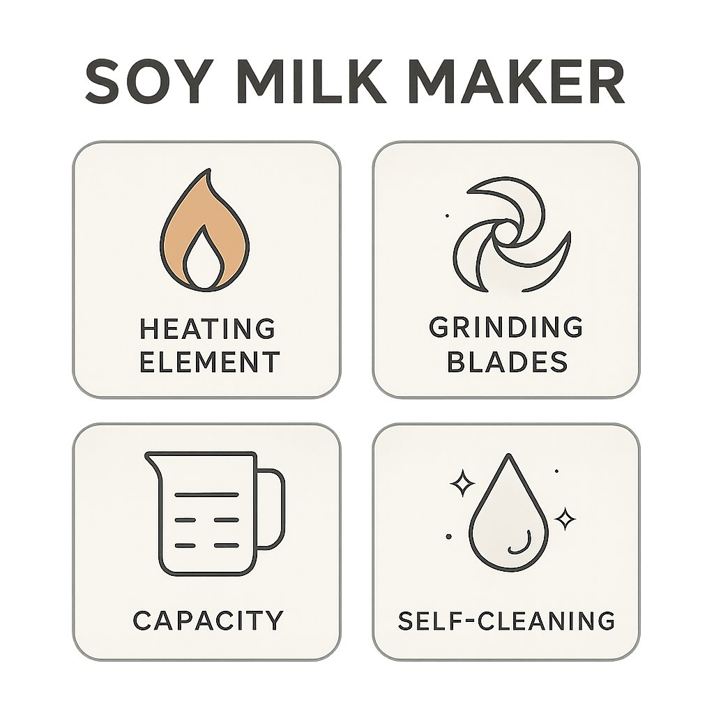 an infographic showing the essential features to consider when choosing a soy milk maker