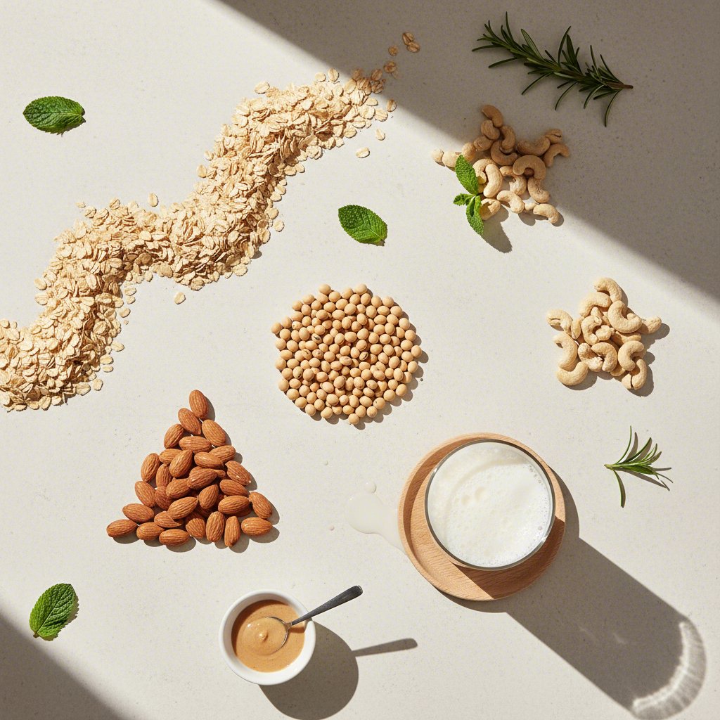 artfully arranged ingredients like oats and soybeans for making homemade plant milk