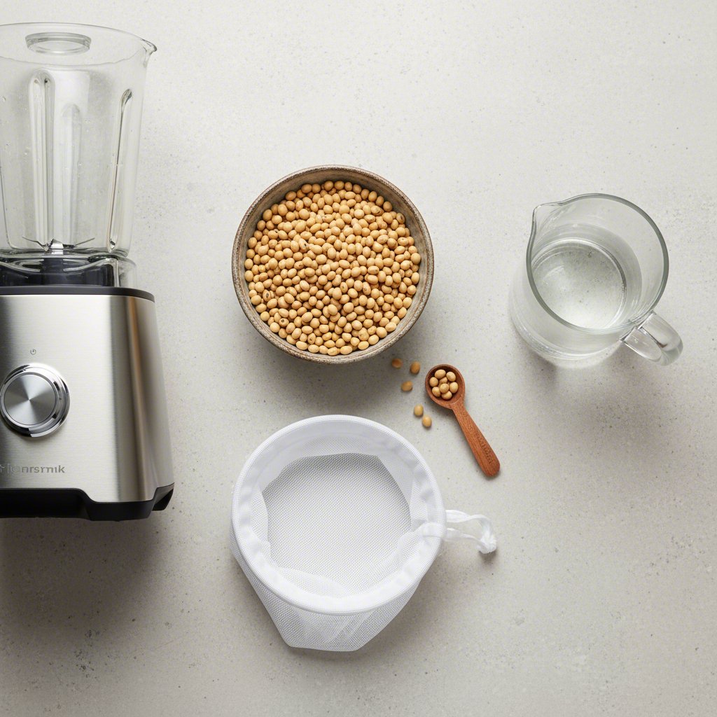 basic ingredients and tools for homemade soy milk