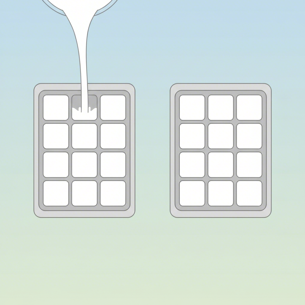conceptual art of soy milk being frozen in an ice cube tray for preservation