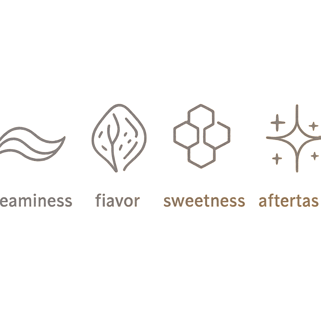 conceptual icons representing the key criteria for tasting soy milk