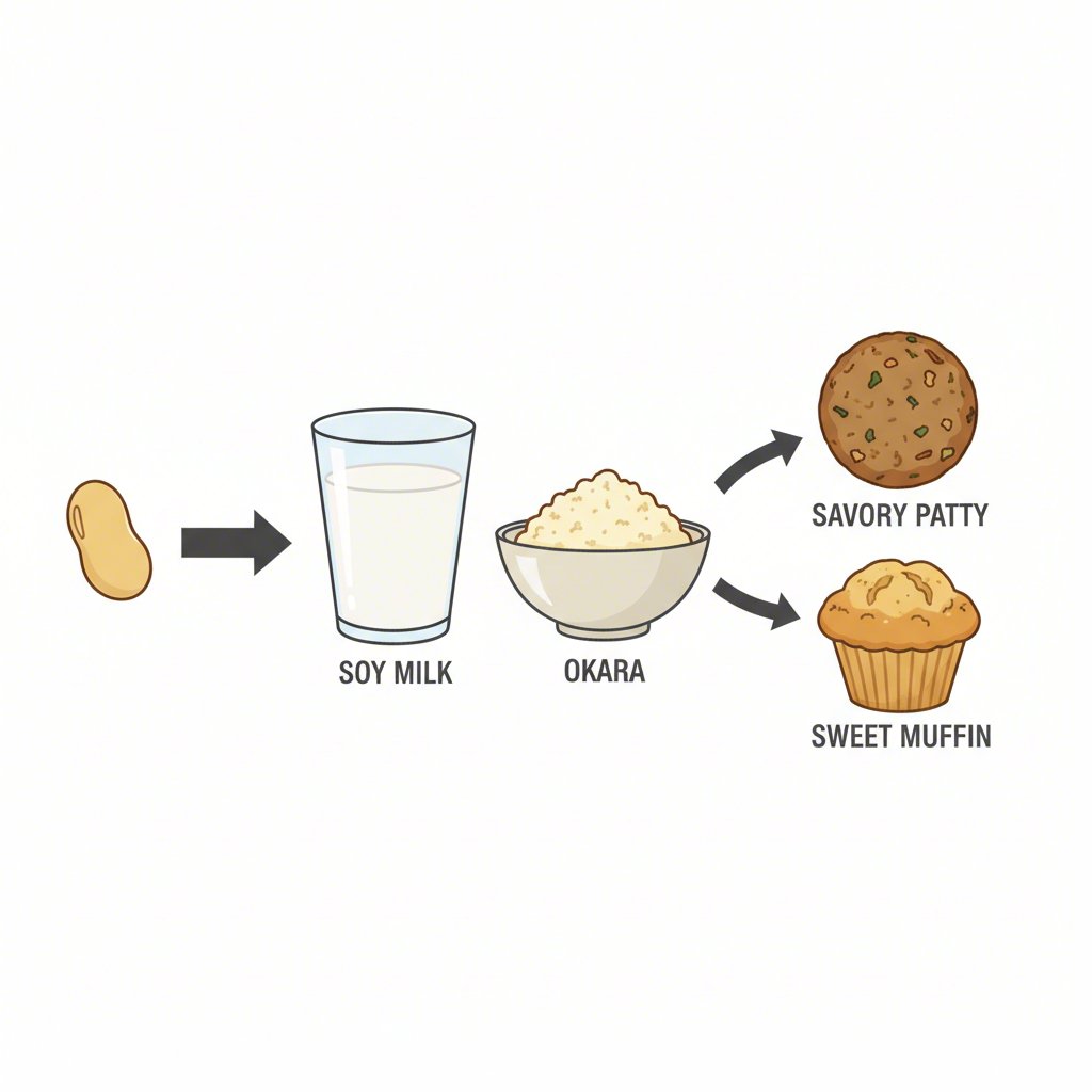 diagram illustrating how soybeans are used to make soy milk and okara for various recipes
