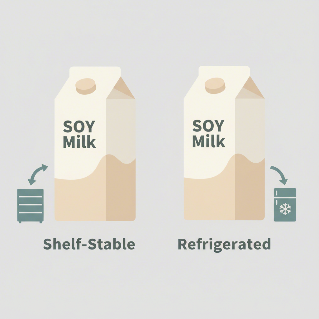 diagram showing shelf stable soy milk goes in the pantry and refrigerated soy milk goes in the fridge