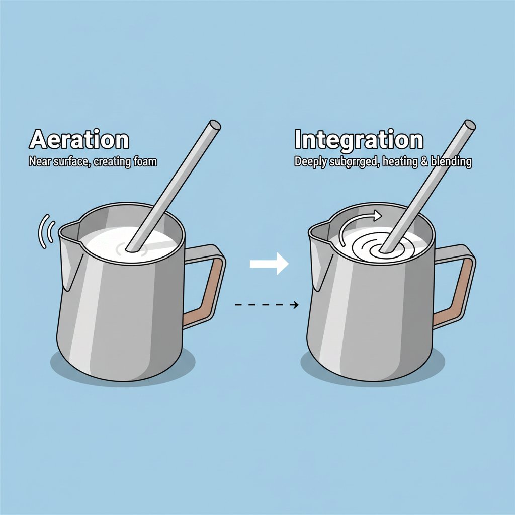 diagram showing the two stages of steaming soy milk aeration and integration