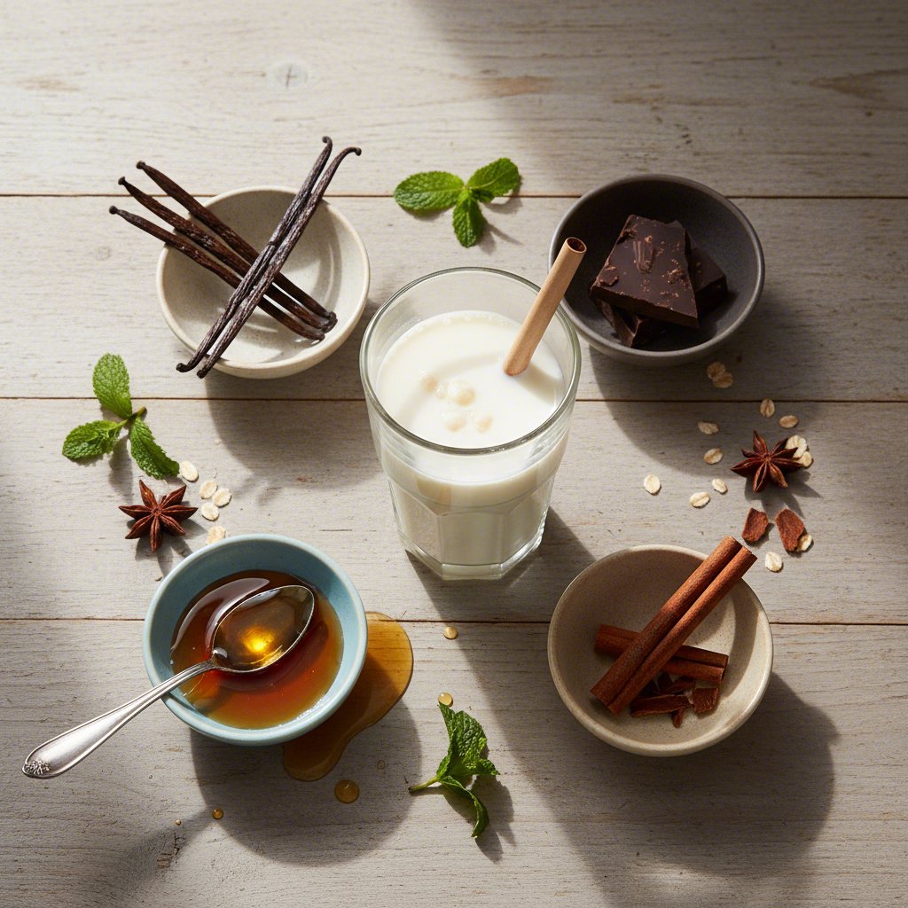 flavor ingredients like vanilla and cinnamon arranged around a glass of soy milk