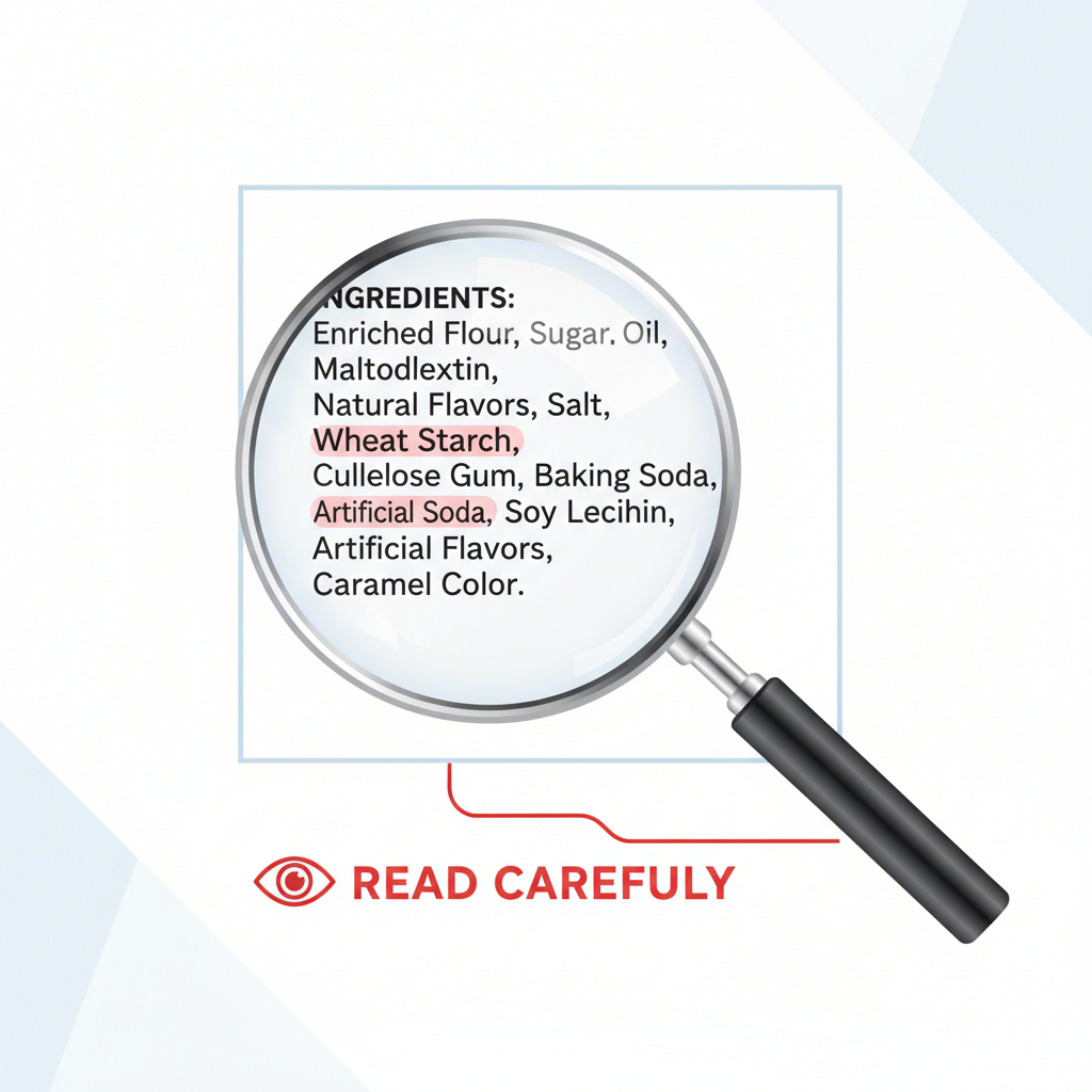 illustration of a magnifying glass inspecting a food label for hidden gluten containing ingredients