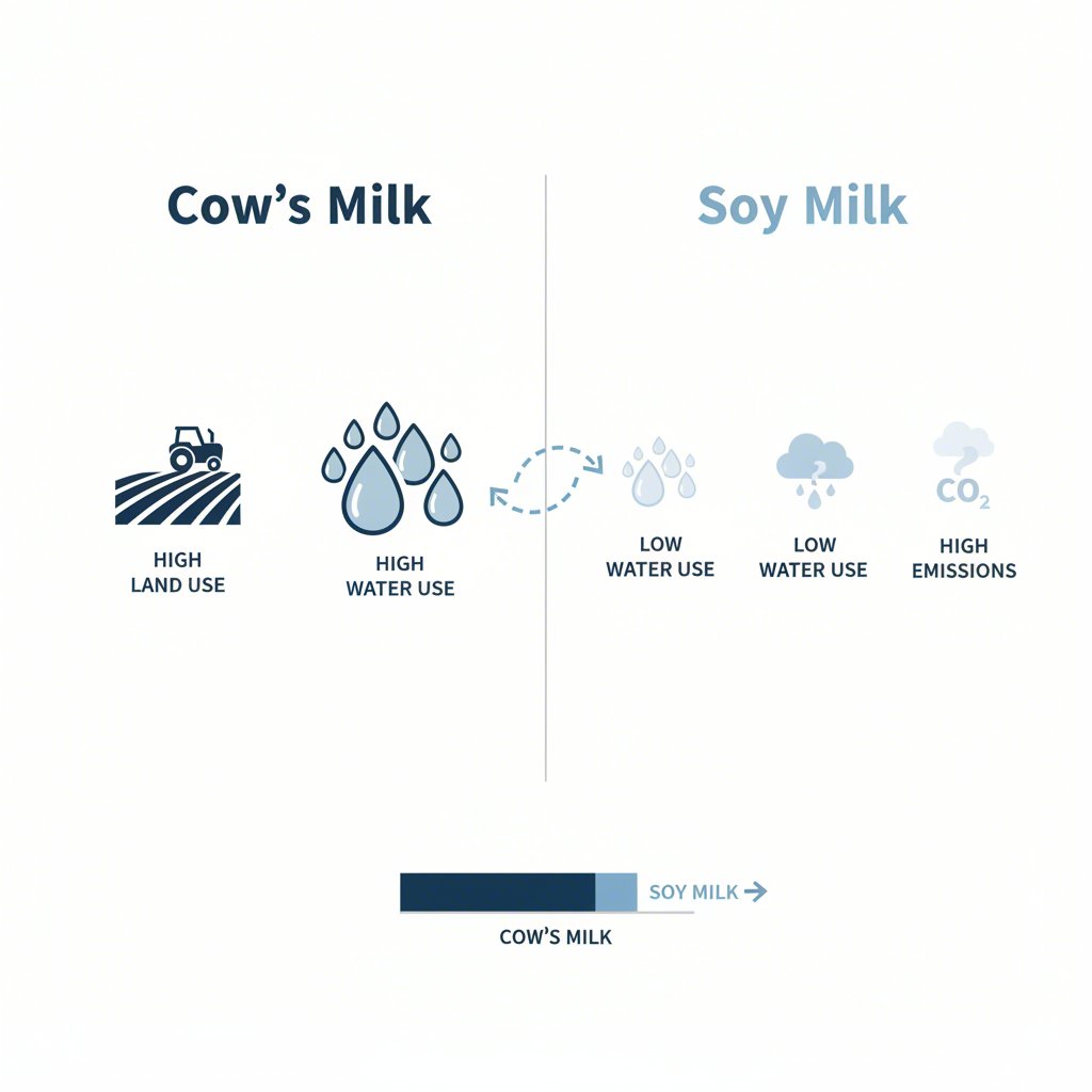 infographic comparing the high resource usage of cows milk to the low resource usage of soy milk