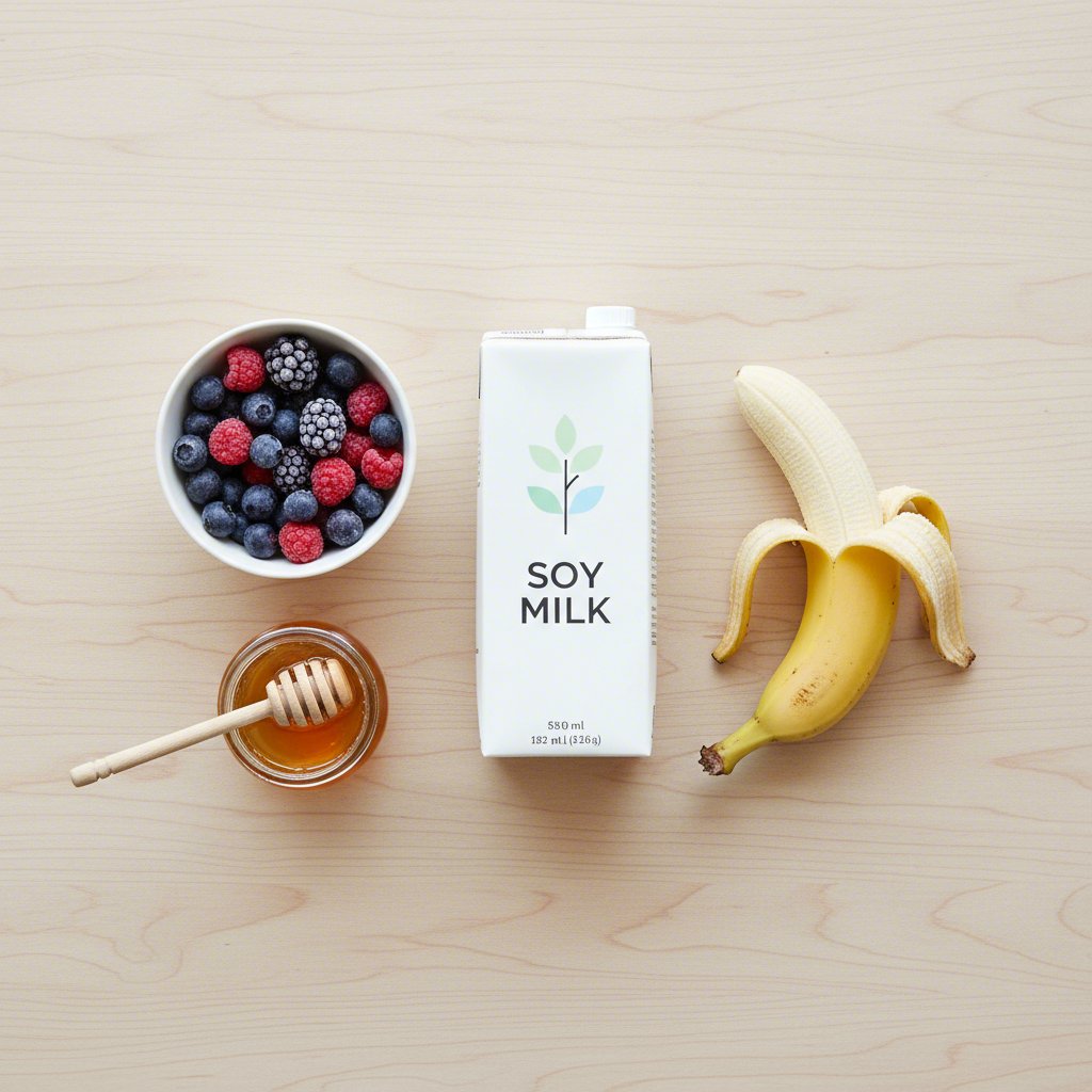 ingredients for a classic berry and banana soy milk smoothie