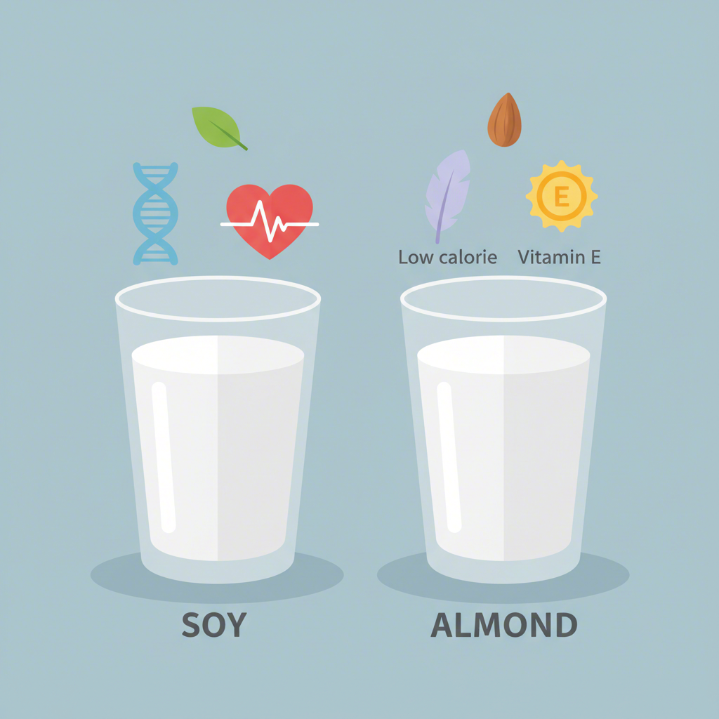 nutritional highlights comparing the protein in soy milk and the low calories of almond milk