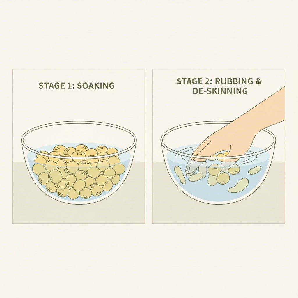 soaking and peeling soybeans to prepare them for making milk