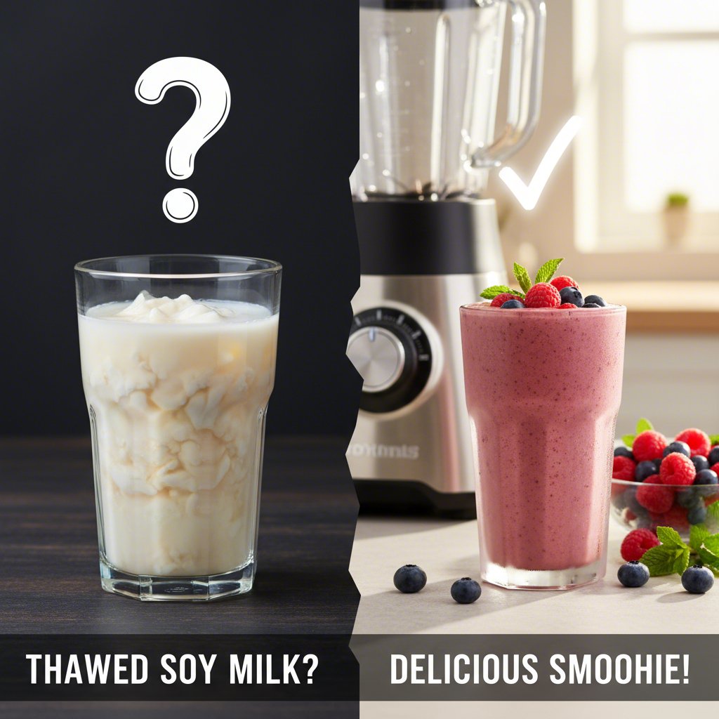 visual comparison of separated thawed soy milk and its best use in a smoothie
