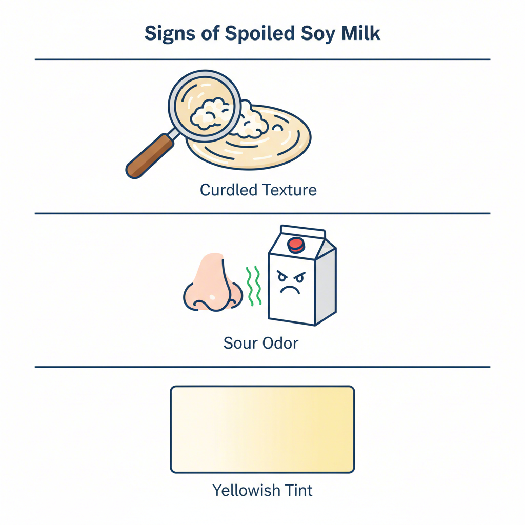visual guide illustrating the key signs of spoiled soy milk by sight and smell